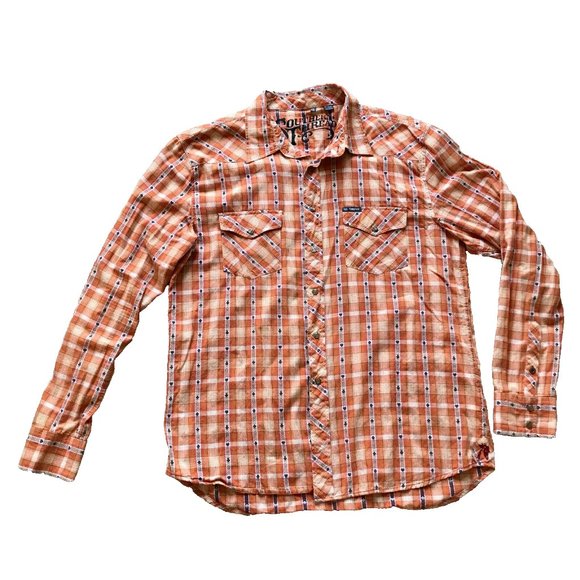 Southern Thread Orange Poker Plaid Western Pearl Snap Shirt - Picture 2 of 6